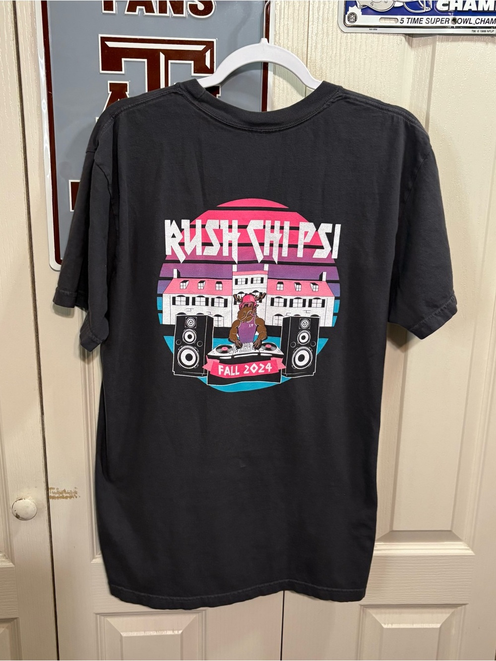 Comfort Colors Black Kids' Tee with Pink & Teal Rush Chi Psi Graphic - Picture 3 of 7